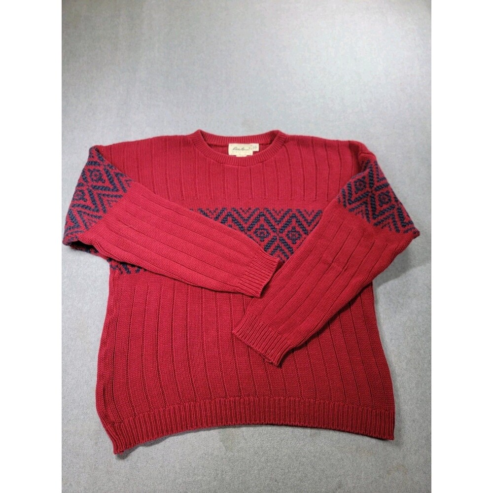 Vintage Eddie Bauer Sweater Mens XL Red Blue Knit Fair Isle Crewneck Grandpa USA
